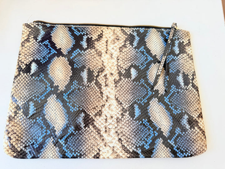 Banana Republic Faux Snakeskin Zippered Pouch Clutch In Tan/Blue