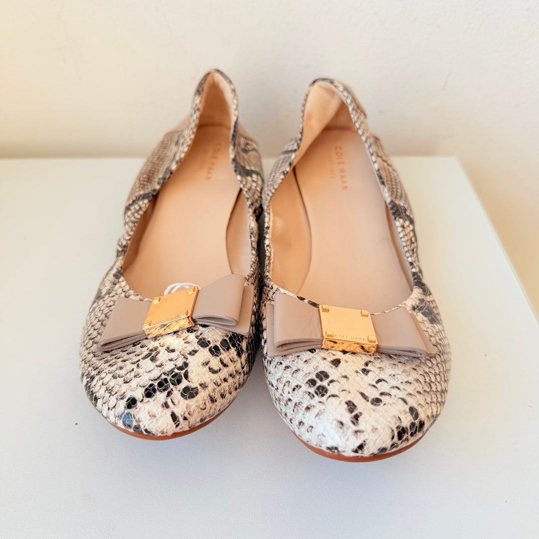 Cole Haan Grand OS Tail Bow Ballet Flats In Natural Brown Beige Snakeprint Size 10.5