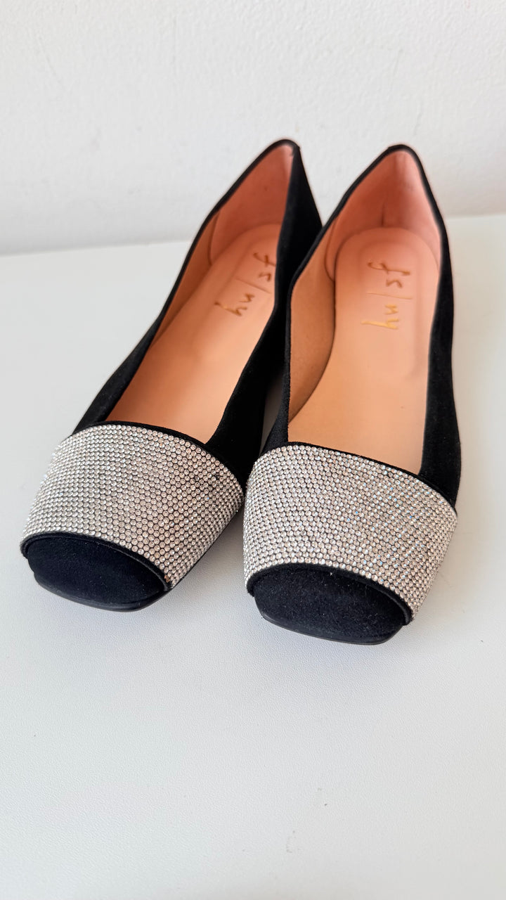 French Sole Via FS/NY Black Rhinestone Square Toe Ballet Flats Size Women’s 7