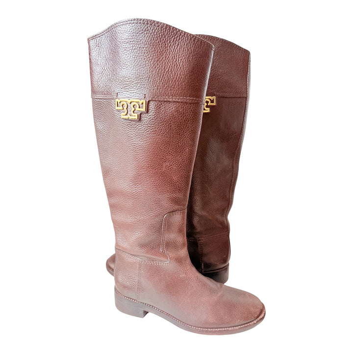 Tory Burch Joanna Pebbled Brown Leather Riding Boots Size 8.5