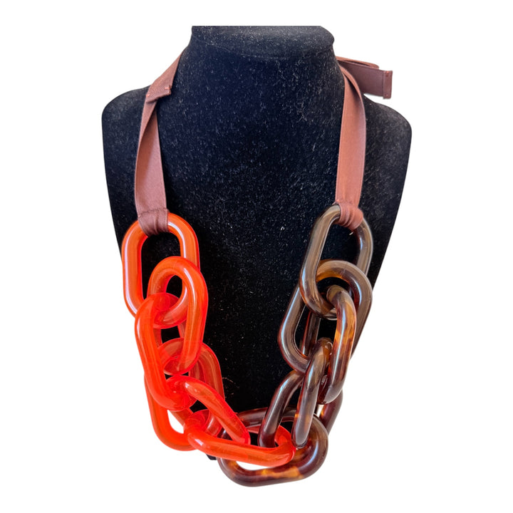 COS Orange & Brown Tortoise Chainlink Lucite Ribbon Necklace