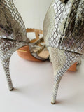 Kendall Miles Strappy Silver Sequin Leather Snakeskin Embossed Stiletto Heeled Sandal Size 37