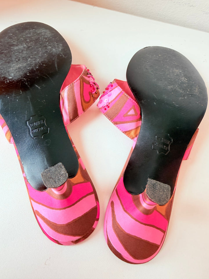 Vintage Impo Pink & Brown Sequin Thong Heeled Sandals Size 8.5