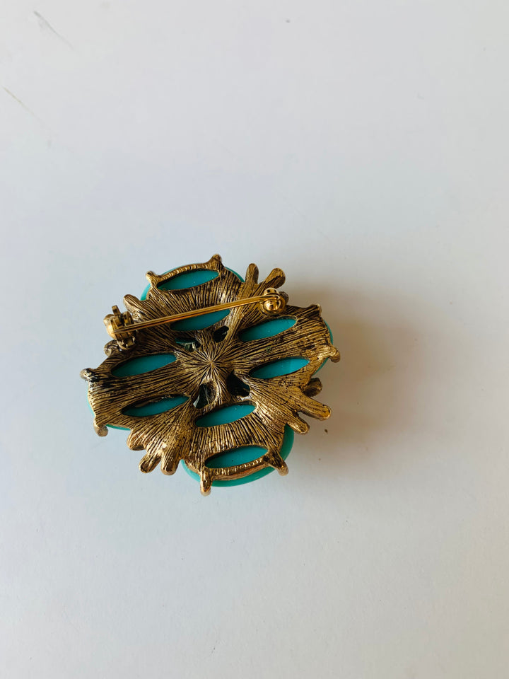 Vintage Turquoise Color Bead and Rhinestone Brooch