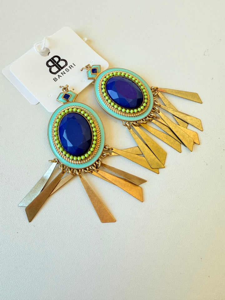 Bansri Blue & Green Stone and Enamel Pierced Statement Earrings New