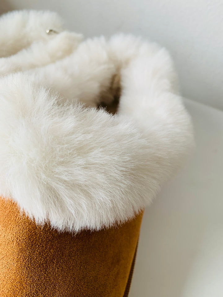 Brown Suede and Faux Fur Platform Mules Size 10