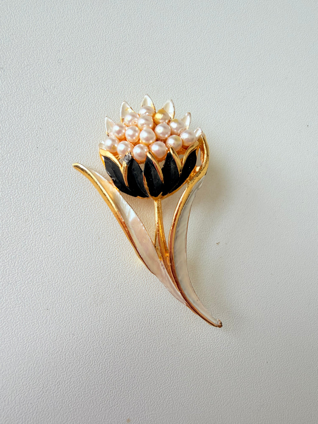 Vintage Floral Tulip Broch with Pearls And Black Enamel