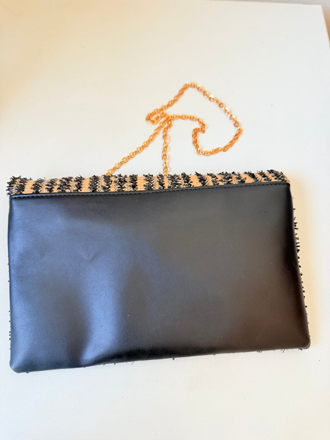 Black and Beige Raffia Vegan Clutch/Crossbody With Gold Chain