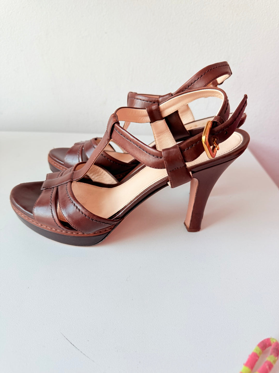 Prada Brown T Strap Platform Leather Heeled Sandals Rare Size 38
