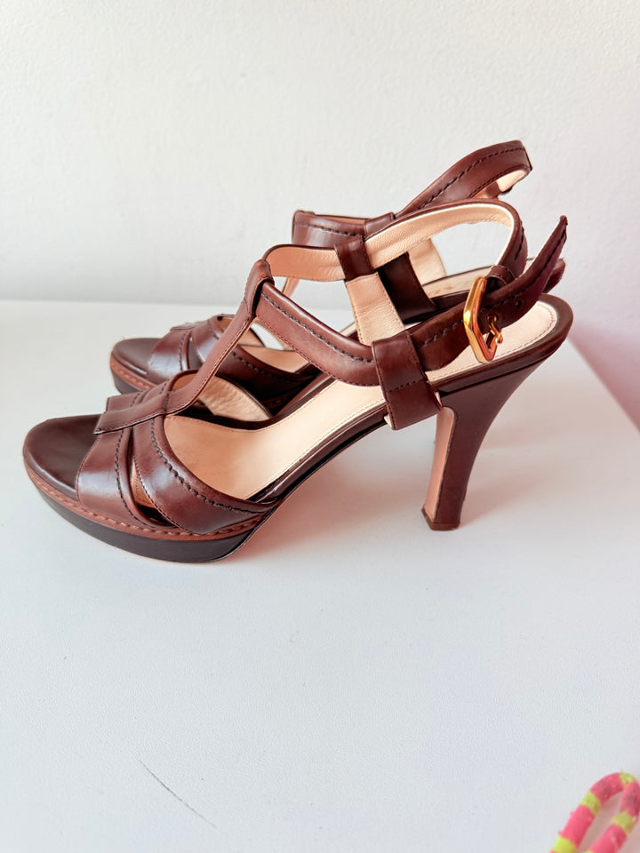 Prada Brown T Strap Platform Leather Heeled Sandals Rare Size 38