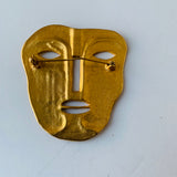 Maxine Denker Matte Gold Tone Tribal Face Mask Pin/Brooch, Unsigned
