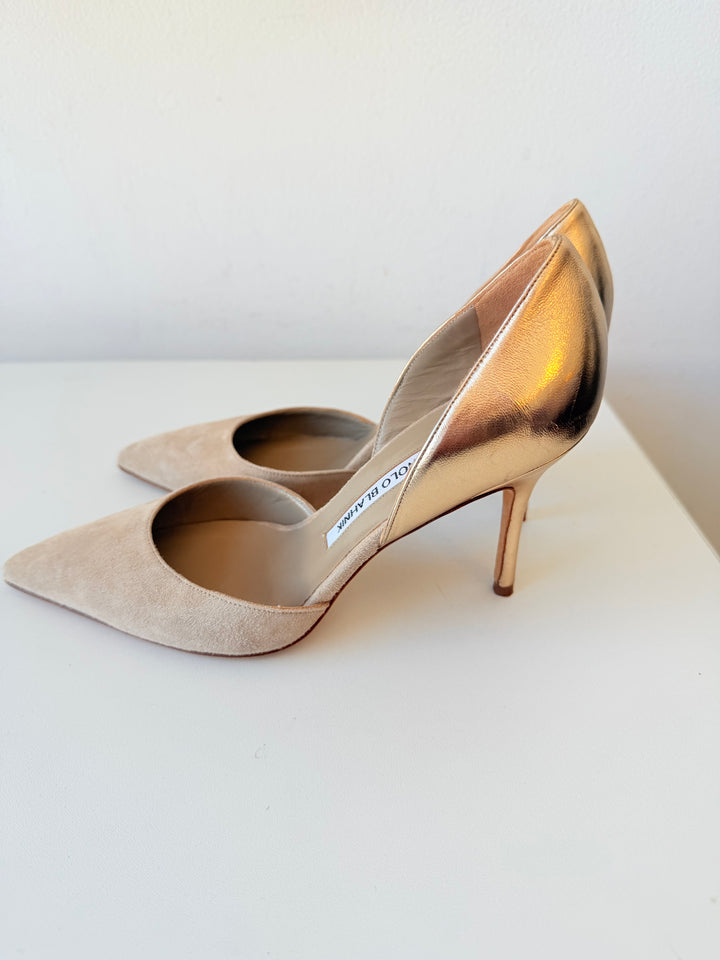 Manolo Blahnik Two Toned Tan Suede Gold Metallic D’Orsay Stilleto Pointed Toe Pumps Size 37