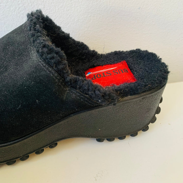 Bus Stop Vintage Black Suede Platform Clogs Size 8.5