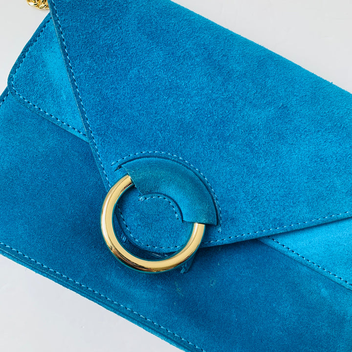 Banana Republic Royal Blue Suede Flap Over Crossbody Handbag With Gold Chain