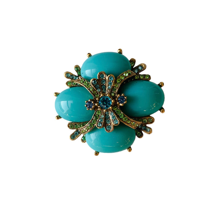 Vintage Turquoise Color Bead and Rhinestone Brooch