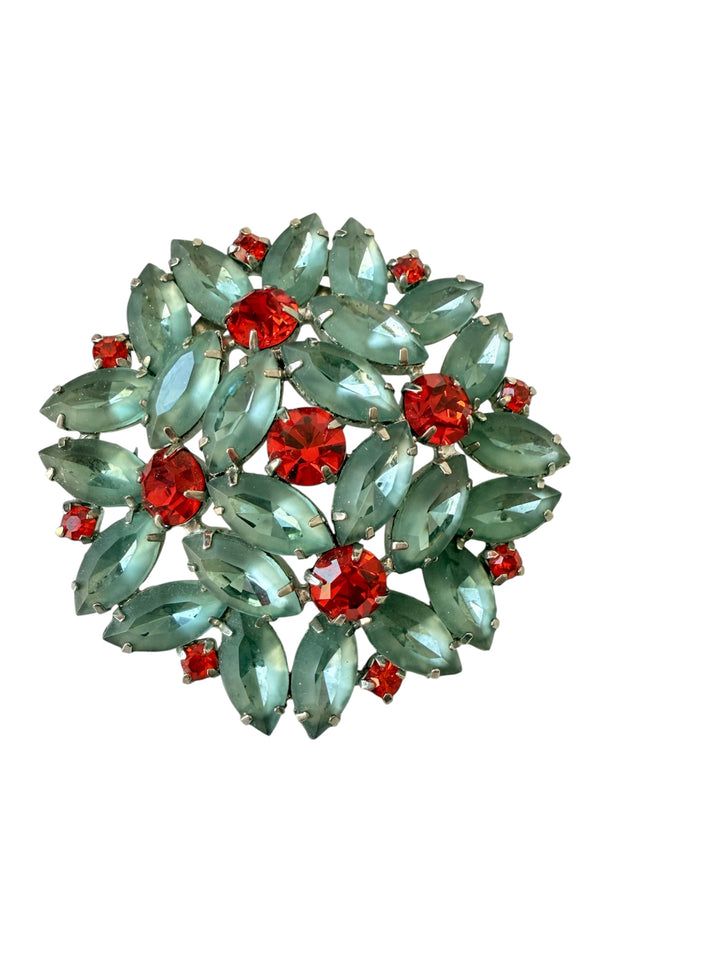 Vintage Rhinestone Brooch In Aqua Blue & Red