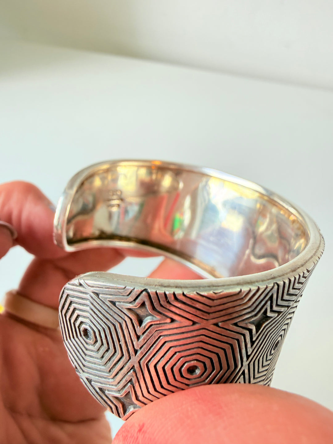 Dominique Dinouart Textured Geometric Pattern Sterling 925 Cuff DDD Mexico Vintage