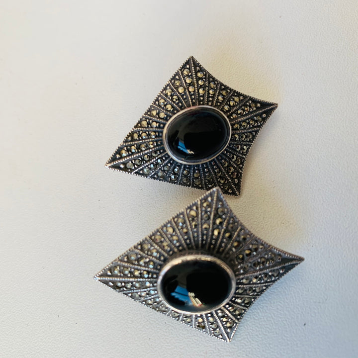 Judith Jack Vintage Sterling Onyx and Marcasite Pierced Earrings