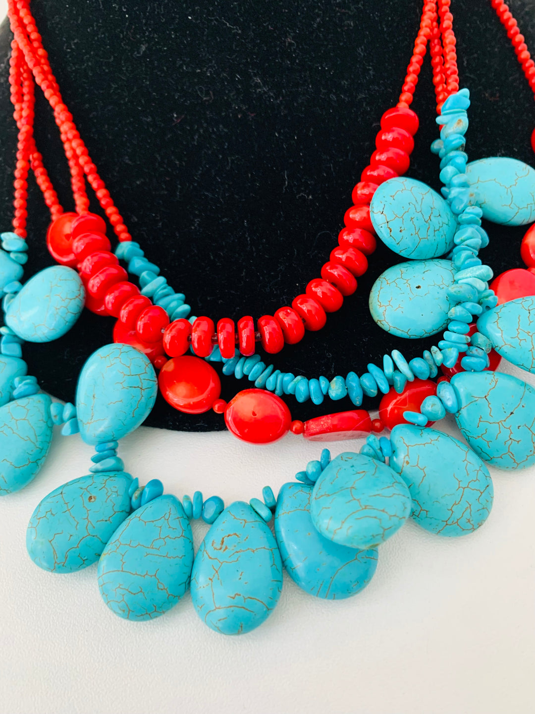 faux Turquoise and Red Beaded Layer Statement Necklace