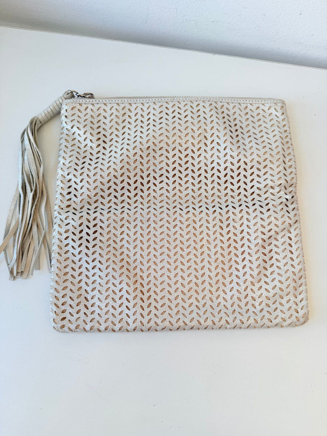 B-Low The Belt Silver Mettalic Leather Perforated Fold Over Clutch