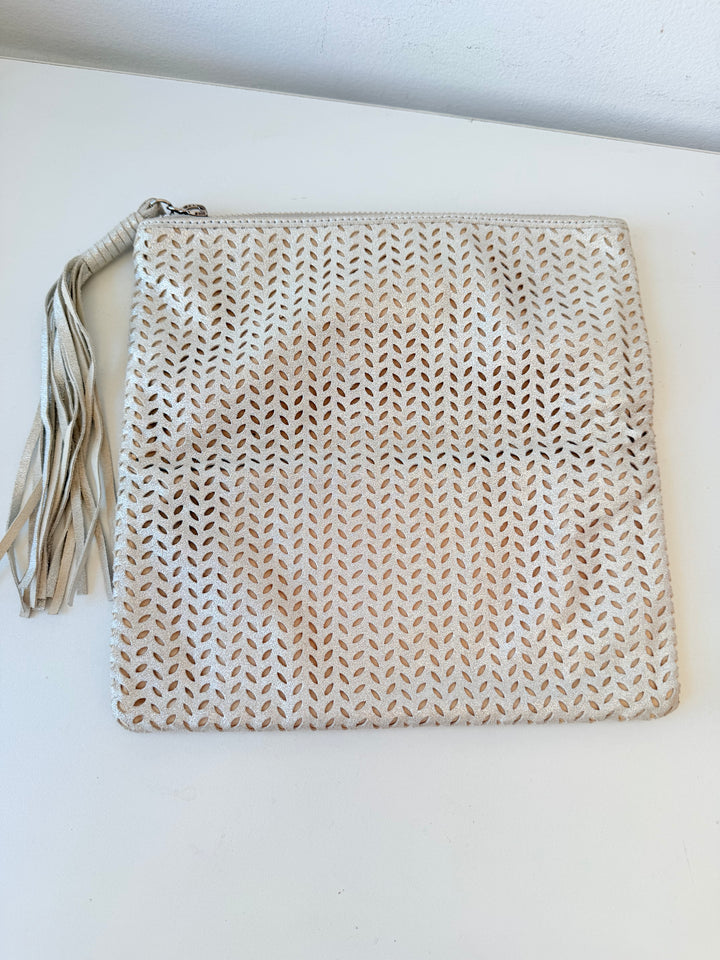 B-Low The Belt Silver Mettalic Leather Perforated Fold Over Clutch