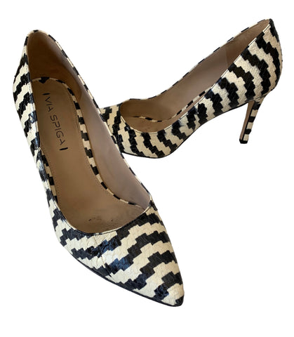 Via Spiga Black and White Carola Leather Zebra Print Pumps Size 8 Women’s