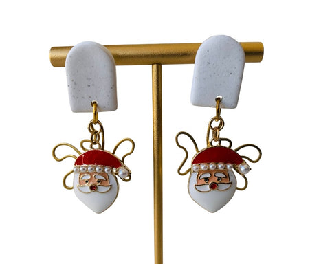 Santa Gold Tone Enamel Drop Pierced Earrings