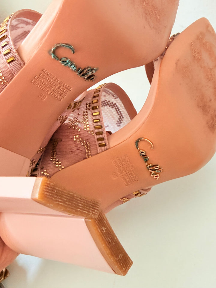 Camilla Alexia Embellished Slim Block Heel Mules In Nude/Pink Size 38