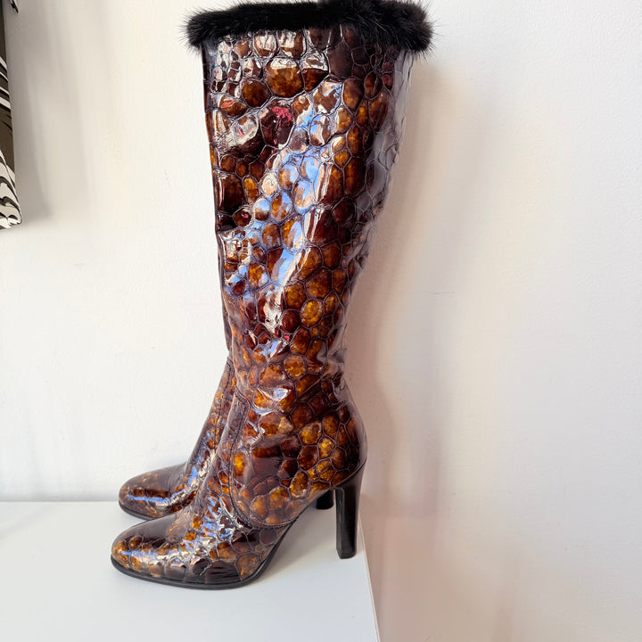 Angela Falconi Faux Patent Croc Knee Boots Size 38