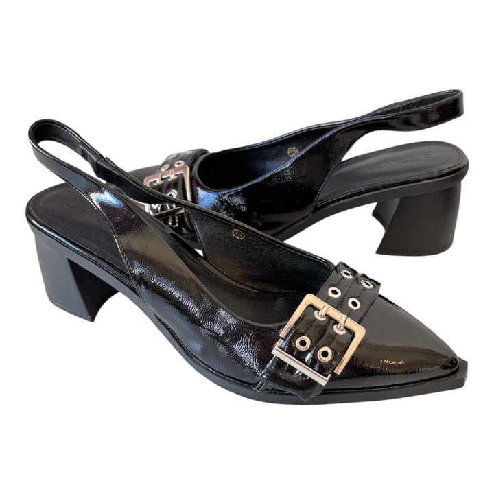 Coutgo Black Patent Sling Back Buckle Detail Block Heel Pumps Size 10