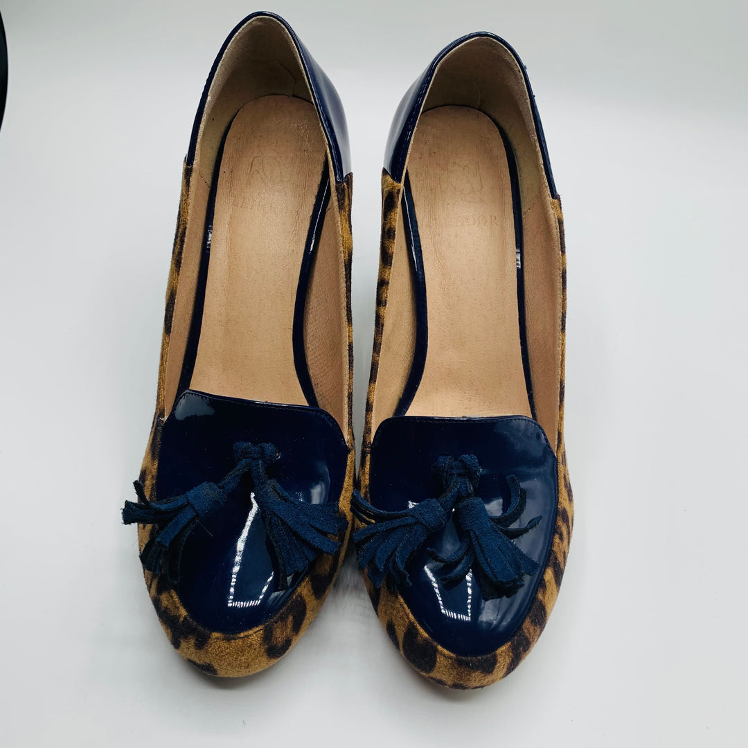 Lehoor Women’s Chunky Block Heel Fringe Pumps in Patent Blue and Leopard Print Size 8
