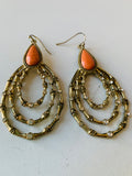 Coral/Rhinestone Drop Gold Tone Pierced Earrings