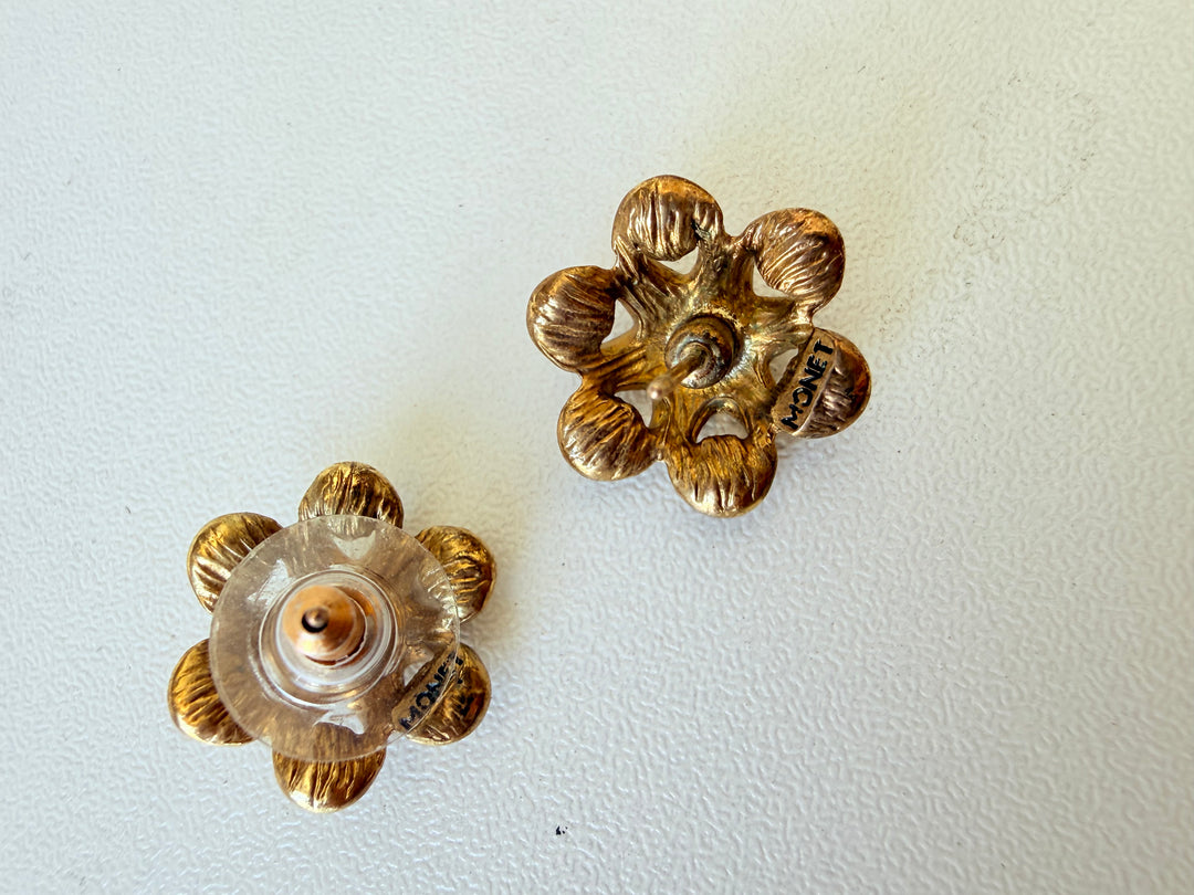 Vintage Monet Gold & Rhinestone Pierced Earrings