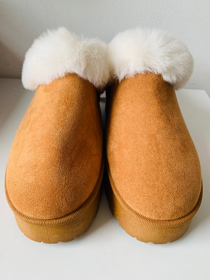 Brown Suede and Faux Fur Platform Mules Size 10