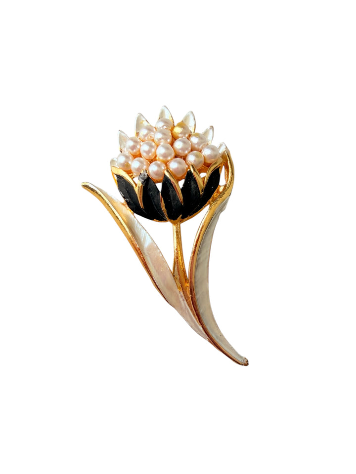 Vintage Floral Tulip Broch with Pearls And Black Enamel