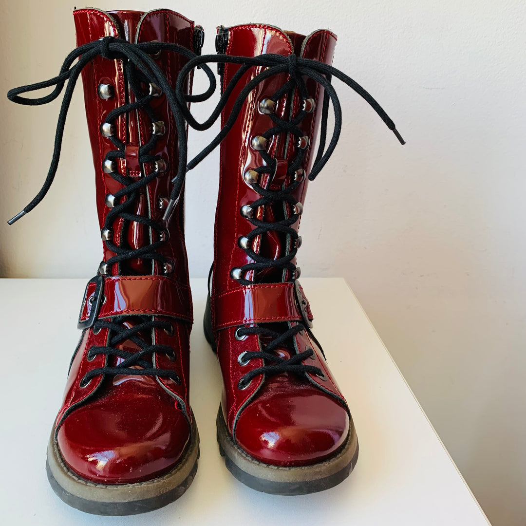 Fly London Red Patent Leather Lace Up Boots Size 40