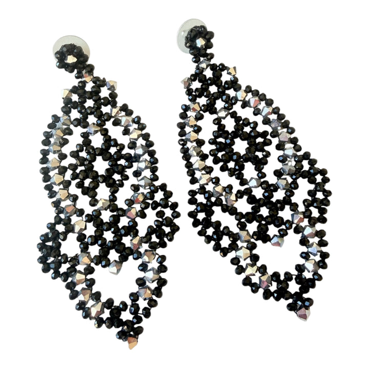 Ornate Beaded Black & Mettalic Silver Chandelier Pierced Earrings