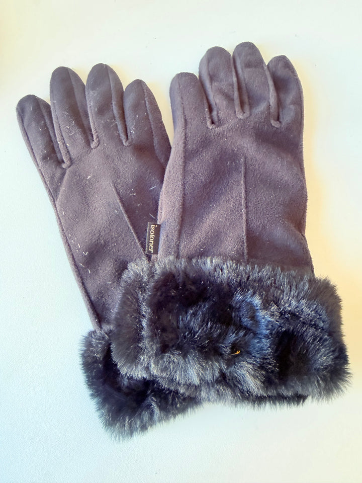 Isotoner Black Faux Suede & Faux Fur Gloves Size XL