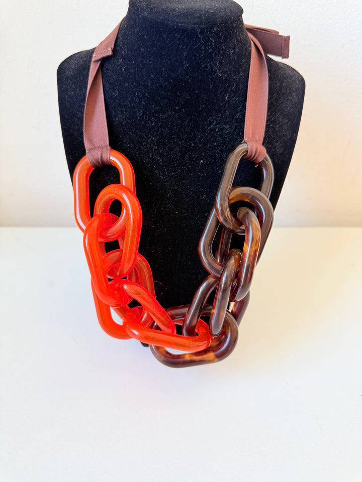 COS Orange & Brown Tortoise Chainlink Lucite Ribbon Necklace