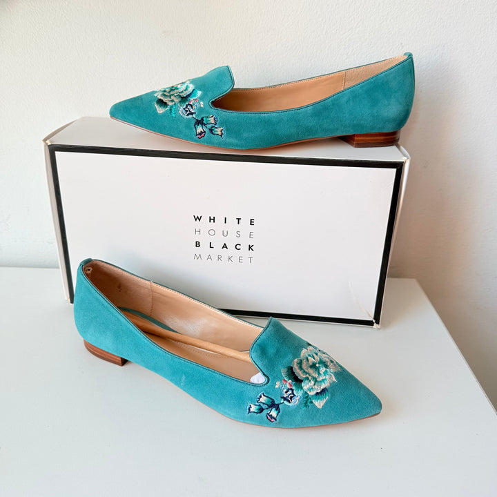 White House Black Market Ava Mineral Green Embroidered Flats Size 8 New In Box