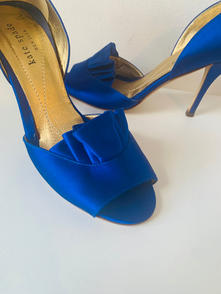 Kate Spade Blue Satin Ruffled Peep Toe Dress Pumps Size 6