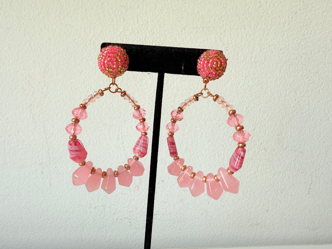 Pink Beaded Boho Style Post Pierced Hoop Earrings In Goldtone