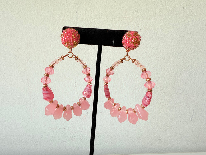 Pink Beaded Boho Style Post Pierced Hoop Earrings In Goldtone