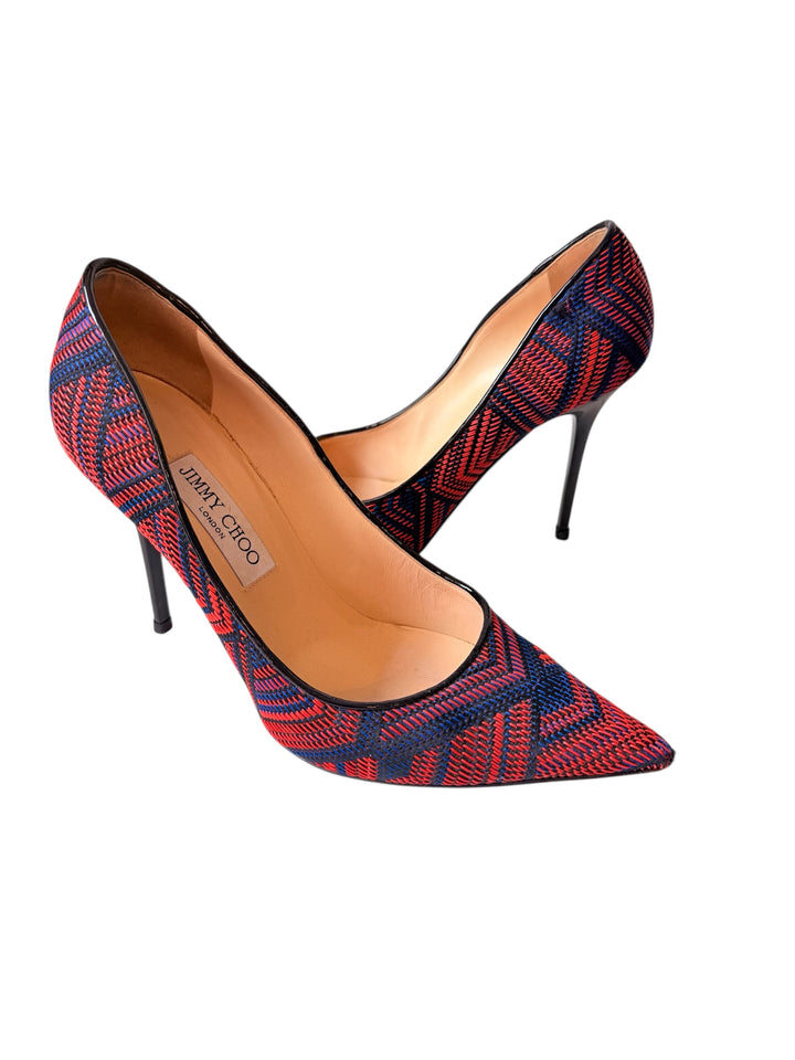 Jimmy Choo Abel Pointed Woven Fabric Red/Blue Pumps Size 39.5