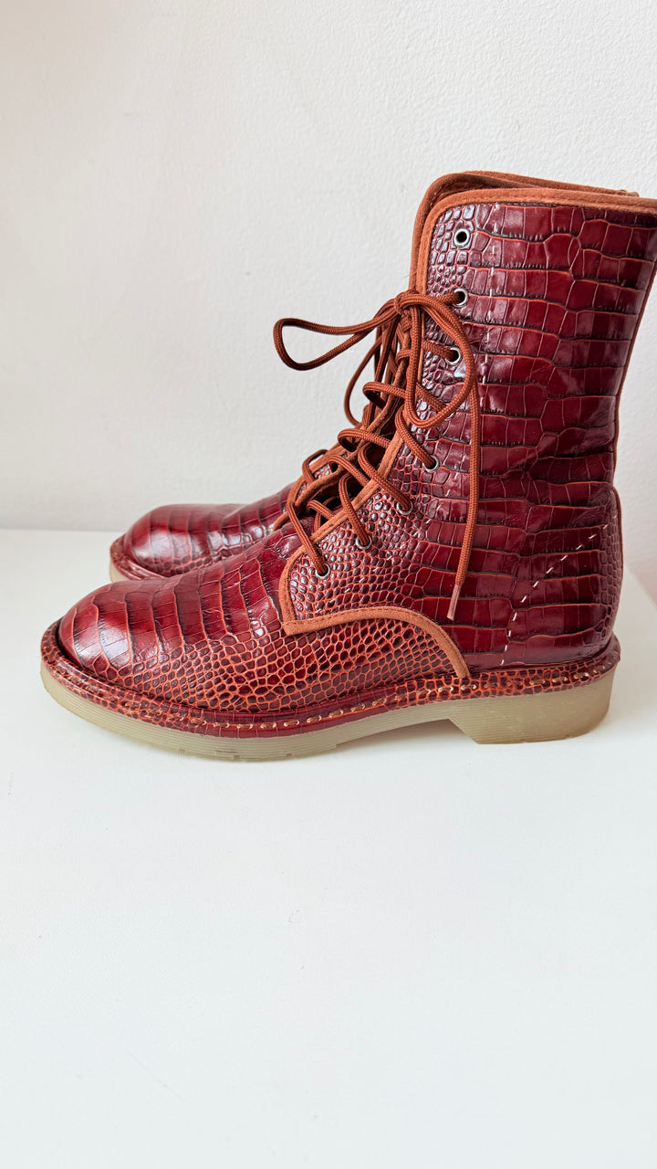 Max Mara Crocodile Print Leather Combat Boots Size 38