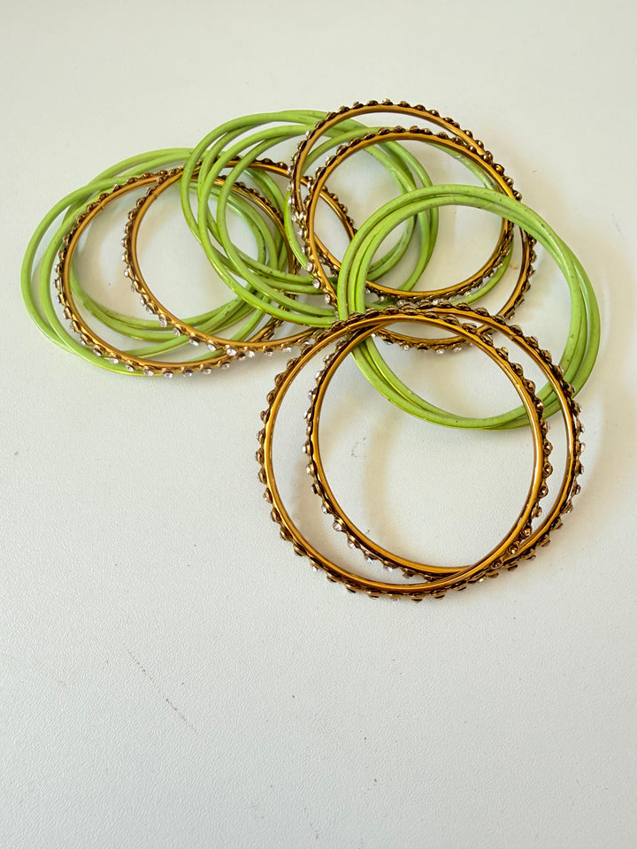 Touchstone Indian Bangle Set In Green & Gold Tone With Rhinestone’s