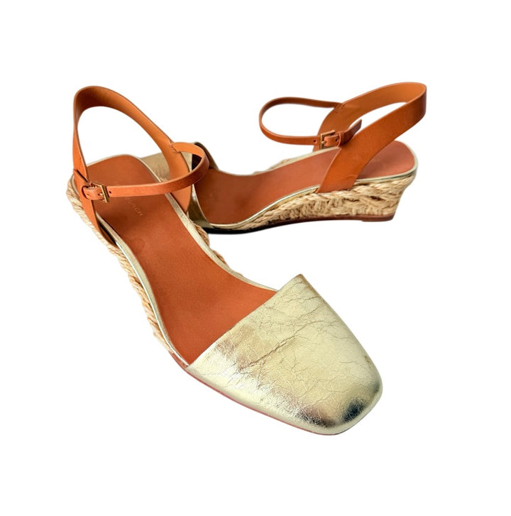 Tory Burch Gold Leather Metallic Basketweave Closed Toe Espadrille Size 10