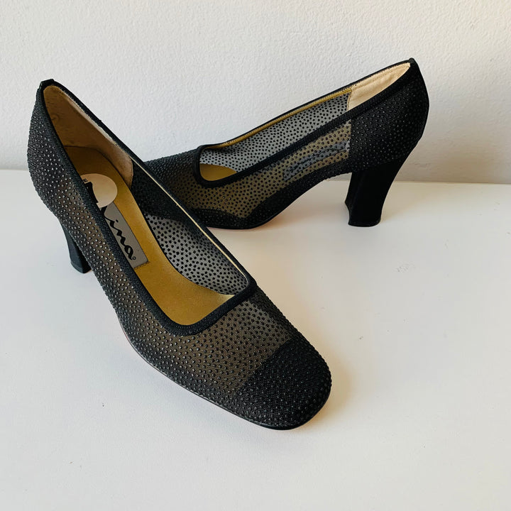 Nina Black Sparkle Block Heel Mesh Upper Pumps Size 7N New with Tags