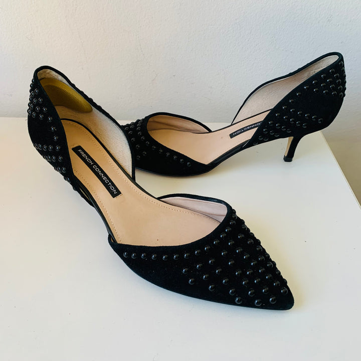 French Connection D’Orsay Black Studded Kitten Heels Size 10