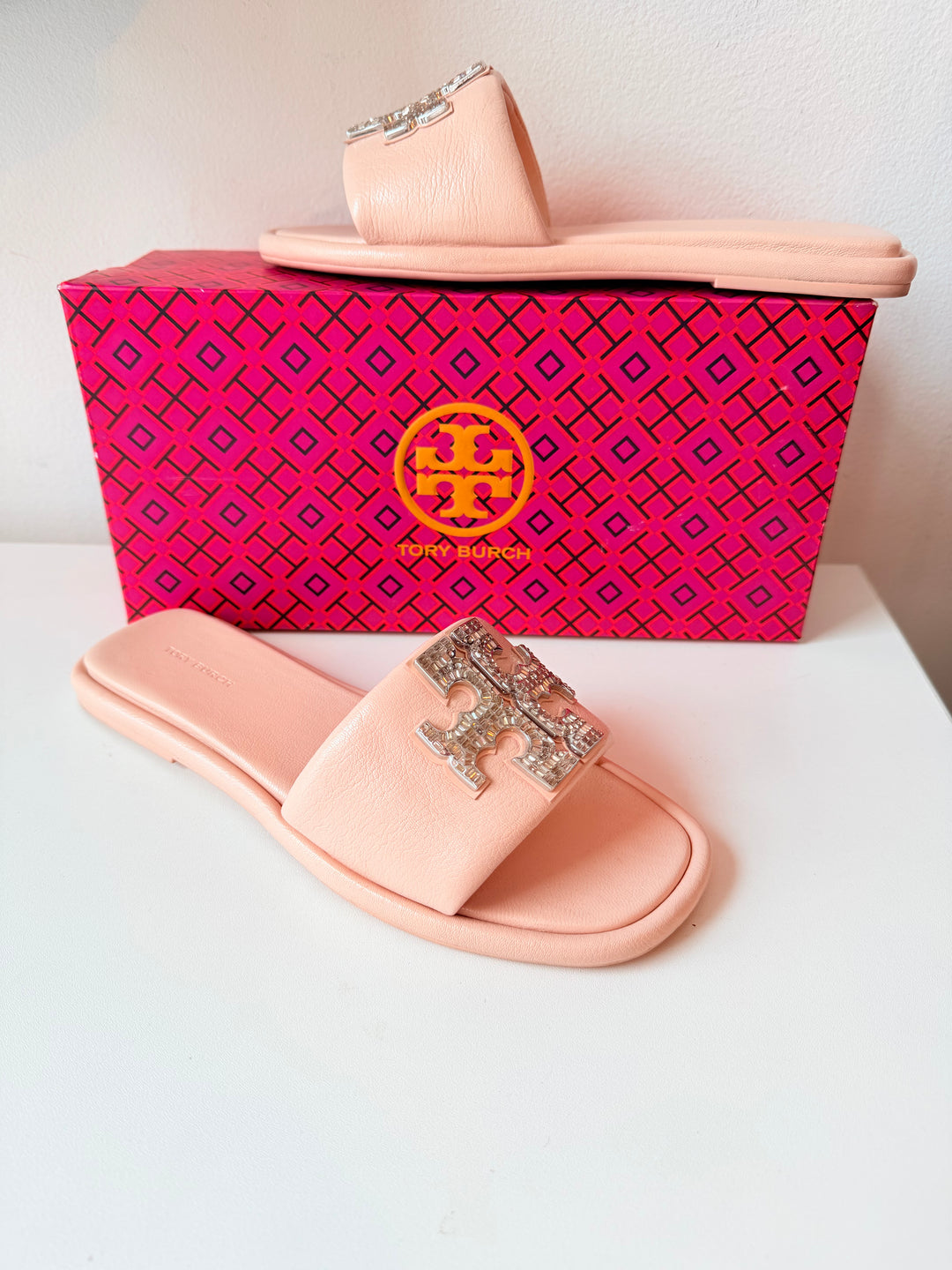Tory Burch Double T Deco Rhinesone Sport Slides in Pink Goat Leather Size 8.5